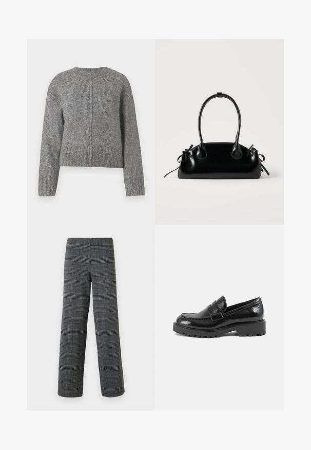 Suéter gris de punto con mangas largas y cuello redondo. Presenta un diseño corto y canalé vertical en toda la prenda. Sin hardware visible.; Vero Moda VMBERLIN WIDE PANT - Pantalones - dark grey/black; Mocasin de charol negro con punta estructurada, tira decorativa en el empeine y suela gruesa y robusta. Acabado suave y brillante.; Pequeño bolso negro brillante con dos asas largas y detalles de cordón lateral sobre un fondo claro liso.