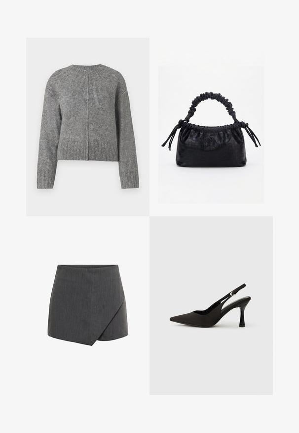 Grå strikket sweater med lange ærmer og rund halsudskæring. Har et cropped design og lodret ribbet struktur. Ingen synlig hardware.; Grå kort nederdel med wrap-design i et glat, tekstureret stof. Skræddersyet pasform med en skrå afslutning og rene kanter.; Sorte slingback hæle med spids tå, glat mat finish og en slank, blank hæl. Justerbar rem med lille spænde detaljer.; Sort taske med krokodilletekstur, rynket øverste kant, samlet hank og snore med kvaster på hver side mod en hvid baggrund.