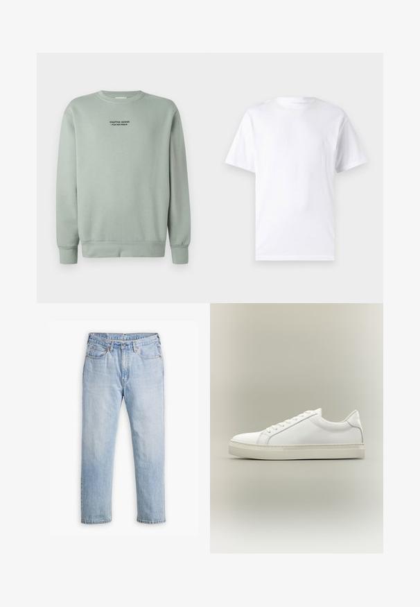 Svetlá šalviová mikina s dlhými rukávmi a čiernym textom "Crafted Goods - Pier One Denim" umiestneným na hrudi.; Biela krátka rukávová tričko vyrobené z bavlny s okrúhlym výstrihom, s hladkou textúrou a jednoduchým dizajnom bez vzorov alebo akcentov.; Svetlomodré džíny s rovnými nohavicami, štýl s piatimi vreckami a kontrastným šitím. Zapínanie na gombík a zips v páse.; Biela nízka teniska so šnurovaním vpredu a hrubou podrážkou, zobrazená zboku na neutrálom pozadí.