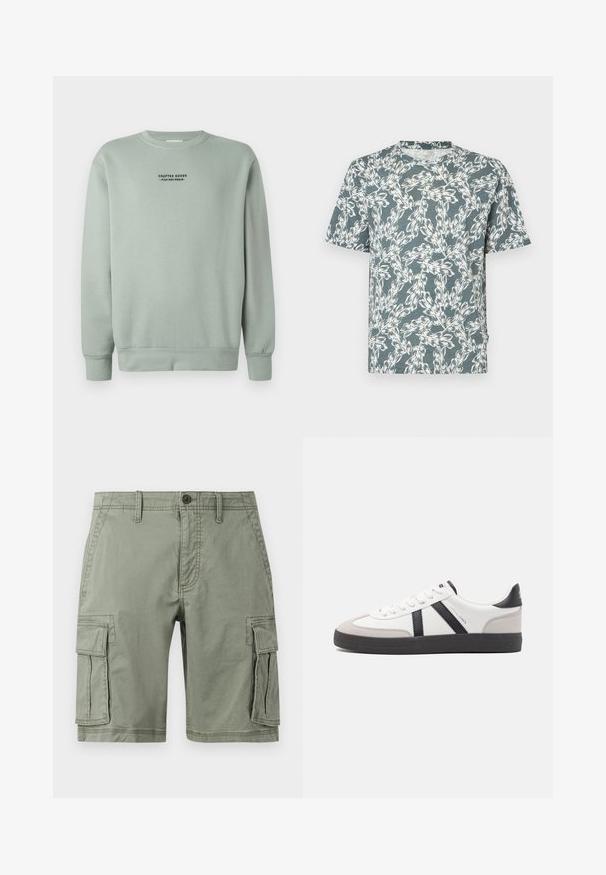 Lys salviegrøn crewneck sweatshirt med lange ærmer og sort tekst "Crafted Goods - Pier One Denim" centreret på brystet.; Kortærmet T-shirt i teal-farve med et hvidt blomsterdesign. Fremstillet af letvægtsstof med en afslappet pasform.; Grønne cargo shorts lavet af bomuldsblanding, der har to sidelommer, knaplukning og lige snit.; Hvide sneakers med sorte og grå detaljer, med en tekstureret grå tåhætte, sort gummisål og flade hvide snørebånd. Rent design, minimalistisk stil.