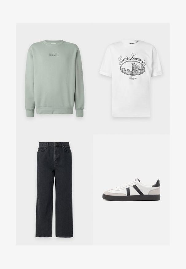 Helle Salbeigrüne Crewneck-Sweatshirt mit langen Ärmeln und schwarzem Text "Crafted Goods - Pier One Denim", der auf der Brust zentriert ist.; Weißes Baumwoll-T-Shirt mit einem schwarzen illustrativen Druck einer Pariser Stadtszene und dem Text "Paris Lovers inc." sowie "Bonheur EST.1992."; Dunkelblaue Denim-Hosen mit weitem Bein, Fünf-Taschen-Design und Knopfverschluss. Enthält Hardware in kupferfarbener Ausführung und eine subtile Textur.; Weiße Sneaker mit schwarz- und grau-aczenten, ausgestattet mit einer strukturierten grauen Zehenkappe, schwarzer Gummi-Sohle und flachen weißen Schnürsenkeln. Sauberes Design, minimalistische Stil.