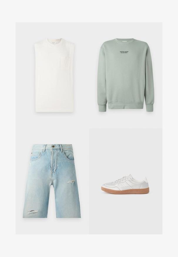 Svetlá šalviová mikina s dlhými rukávmi a čiernym textom "Crafted Goods - Pier One Denim" umiestneným na hrudi.; Biela tielko bez rukávov vyrobené z jemnej bavlny. Okrúhly výstrih a vrecko na ľavej strane hrudi. Hladká textura a priamy lem.; Svetlomodré denim šortky s voľným strihom, so zničenými prvkami, bočnými vreckami a s jedným uzáverom na vrchu.; Strieborné tenisky s hladkou textúrou, viazaním, perforovanými akcentmi a štruktúrovanou hnedou gumovou podrážkou.