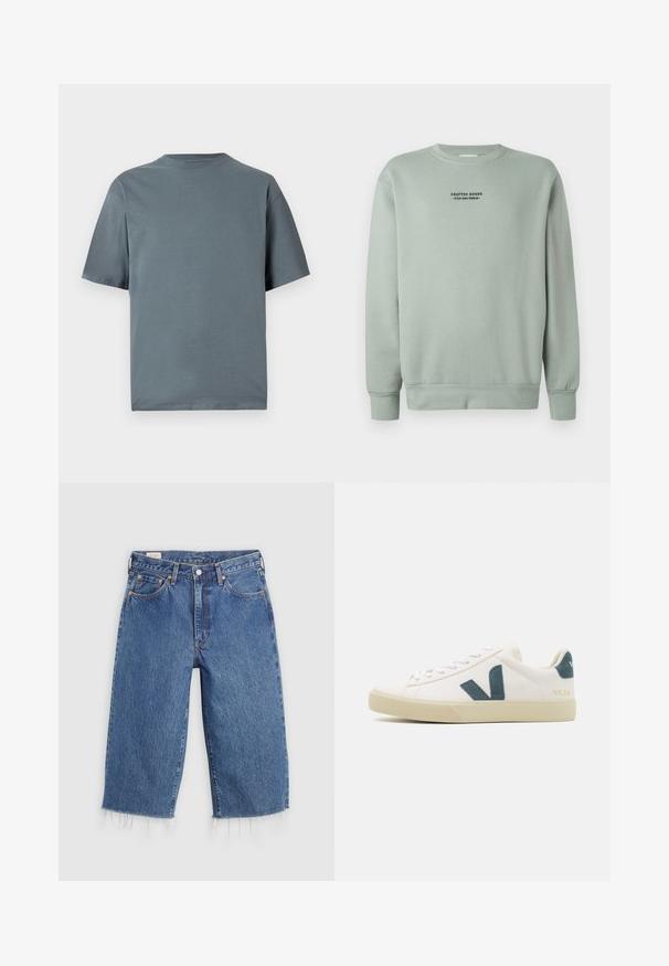 Sudadera de cuello redondo en verde salvia claro con mangas largas y texto en negro "Crafted Goods - Pier One Denim" centrado en el pecho.; Camiseta de manga corta en color gris pizarra, confeccionada en tela de algodón suave, con cuello redondo y un corte holgado.; Pantalones de mezclilla azul con un corte holgado, longitud cropped y dobladillo deshilachado. Cuenta con cinco bolsillos y un cierre de botón en la cintura.; Zapatilla de piel blanca con un logo de ante en color azul petróleo, puntera redonda, diseño con cordones y suela de goma con detalles texturizados. Nombre de la marca "VEJA" en dorado.