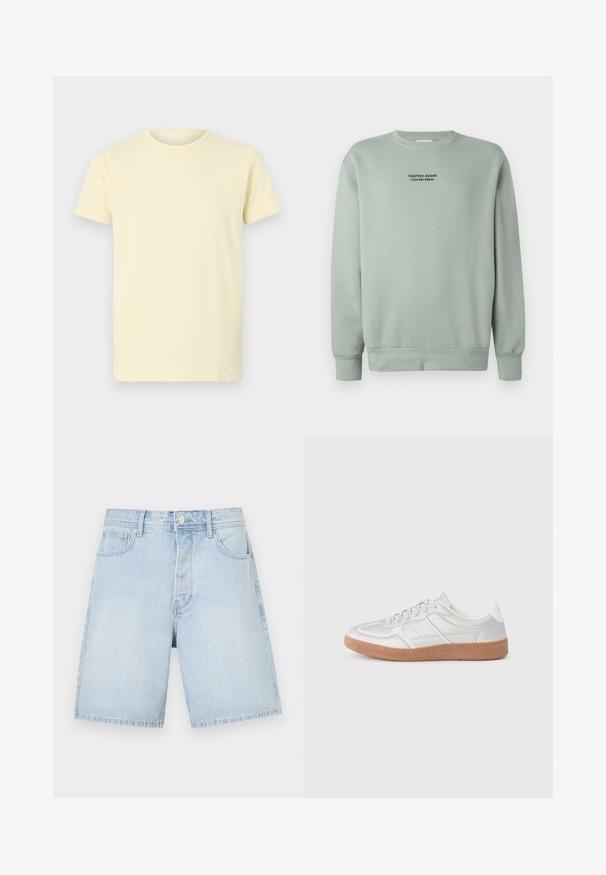 Vaalean salviavihreä crewneck-huppari, jossa on pitkät hihat ja musta teksti "Crafted Goods - Pier One Denim" keskellä rintaa.; Vaaleankeltainen puuvillapaita, jossa on lyhyet hihat ja pyöreä kaulus; etuosassa pieni valkoinen logo vasemmalla rintapielessä.; Vaaleansiniset farkkushortsit suoran leikkauksen kanssa, joissa on etutaskut, napitus ja rento ompelu. Sileä pinta ilman kuvioita.; Hopeasuudet hopeanväriset, sileäpintaiset, nauhakiinnityksellä, reikäkohdistuksilla ja kuvioidulla ruskealla kumipohjalla.