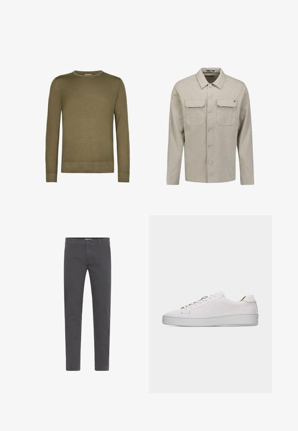 Pull vert olive à manches longues avec col rond, poignets et ourlet côtelés, présenté sur un fond blanc uni.; Chemise beige à manches longues avec boutons, deux poches avant à rabat et col classique, présentée sur fond blanc.; Pantalons gris, ajustés, fabriqués en coton doux. Dotés d'une fermeture à bouton, de passants de ceinture et d'un design épuré et contemporain. Sans motifs visibles.; Baskets basses en cuir blanc avec lacets blancs, semelle en caoutchouc plate texturée et coutures minimalistes, vues de côté extérieur sur fond blanc.