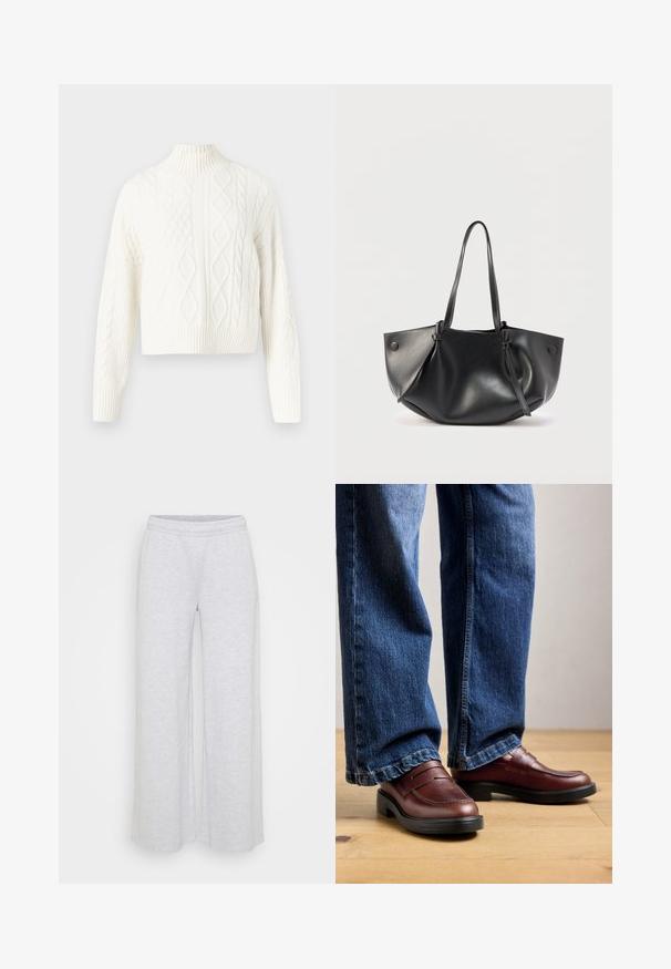 Afkortet hvid kabelstrikket sweater med en høj ribstrikket hals. Inkluderer forskellige teksturerede mønstre og ribstrikkede manchetter ved ærmer og kant.; Lysegrå vidbenede joggingbukser med elastisk linning, lavet af et blødt, tekstureret stof. Ingen synlige mønstre eller pynt.; Person iført brune læder loafers og blå jeans står på et trægulv mod en neutral baggrund.; Sort skuldertaske i læder med to lange remme, en blød rundet form og knapdetaljer på hver side.