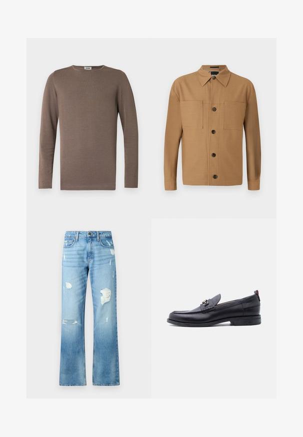 Camisa de manga larga marrón hecha de tela suave, con cuello redondo y textura acanalada. Diseño simple y clásico sin adornos.; BOSS CRAIG - Camisa - medium beige; Vaqueros de mezclilla azul claro con un diseño de pierna recta, que presentan detalles desgastados y un acabado desvaído. Incluyen un botón de metal y cinco bolsillos.; Mocasín de cuero negro con empeine gris texturizado, detalle de hebilla metálica plateada, tacón bajo y lengüeta para tirar en la parte trasera.