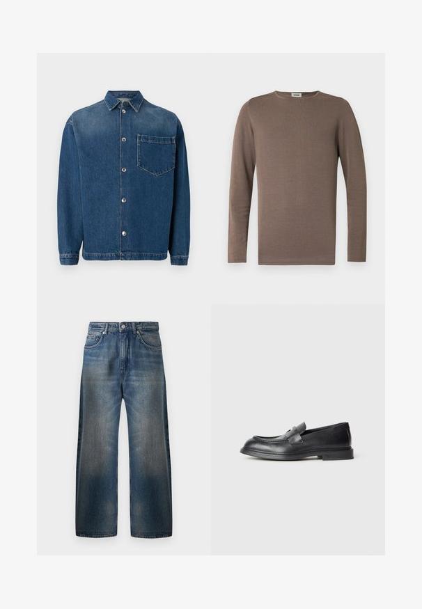 Brun langærmet skjorte lavet af blødt stof, med rund halsudskæring og ribbet tekstur. Enkel, klassisk design uden pynt.; Mørkeblå denimskjorte med knaplukning foran, krave og en enkelt brystlomme. Glat tekstur og klassisk pasform. Sølvknapper som hardware.; Vide ben blå denim jeans med en falmet finish, der har fem lommer, en knaplukning og synlige syninger.; Sorte læder loafers med en struktureret finish, der har en dekorativ frontrem og en rundet tå. Gummisål for holdbarhed.