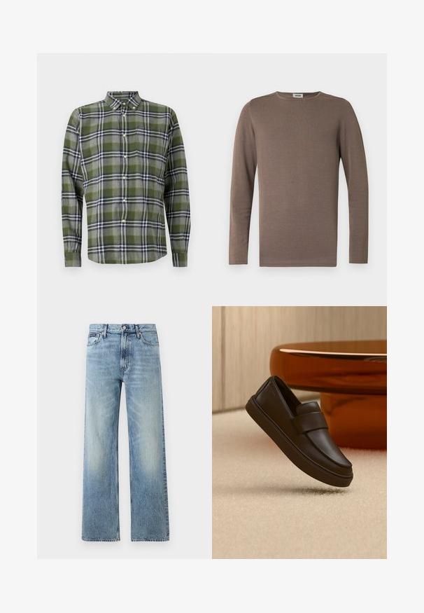 Chemise marron à manches longues en tissu doux, avec un col rond et une texture côtelée. Design simple et classique sans ornements.; Chemise à carreaux verts en tissu doux, dotée de manches longues, d'un col boutonné et d'une poche poitrine avec un petit logo.; Jean droit en denim bleu clair avec taille haute, cinq poches, fermeture à boutons et léger délavage sur les cuisses et les genoux.; Une chaussure mocassin en cuir marron foncé flottant au-dessus d'un tapis crème avec une table ronde orange en arrière-plan.