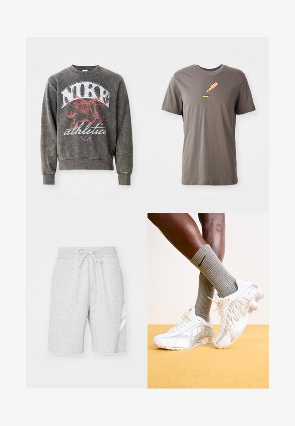 Sudadera gris de cuello redondo con un acabado deslavado y texturizado. Logo de Nike en rojo prominente y gráfico atlético en la parte frontal. Mangas largas y puños acanalados.; Camiseta de algodón gris con mangas cortas que presenta una ilustración impresa de una botella rosa y un líquido amarillo vertiéndose sobre la parte delantera de la camiseta.; Pantalones cortos de chándal gris para hombre, hechos de suave algodón, que cuentan con una cintura elástica con cordón, bolsillos laterales y un detalle de logo blanco.; Zapatillas Nike en blanco con detalles plateados, con paneles texturizados y perforaciones. Combinadas con calcetines grises acanalados, sobre un fondo amarillo.