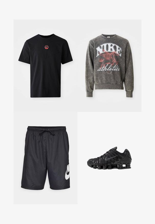Sivý crewneck sveter s vyblednutým, textúrovaným povrchom. Výrazné červené logo Nike a atletická grafika na prednej strane. Dlhé rukávy a rebrované manžety.; Čierne tričko s krátkym rukávom z bavlny, s červeno-bielym šesťuholníkovým logom Nike na hrudi a zaobleným výstrihom.; Čierne plavky vyrobené z ľahkého materiálu, s elastickým pásom a šnúrkou na stiahnutie, a veľkým bielym logom Nike na ľavej nohe.; Čierne športové topánky vyrobené zo sieťoviny a syntetických materiálov, s výrazným vlnitým dizajnom, čiernou gumovou podrážkou a reflexnými prvkami.