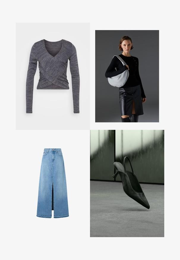 Langärmliges, dunkelgraues Strickoberteil mit V-Ausschnitt und Wickeldesign, mit strukturiertem Muster und taillierter Silhouette.; Hellblauer Denim-Maxirock mit einem Frontschlitz, typischer A-Linien-Form, verarbeitetem Saum und klassischem Fünf-Taschen-Design. Knopfverschluss an der Taille.; Schwarzer Slingback-Highheel aus Leder mit spitzer Schuhspitze, schwebt über grauem Teppichboden, unscharfer grünlicher Wandhintergrund.; Hobo-Tasche in Hellgrau, aus weichem Material, runder Form. Gestylt mit einem schwarzen Langarmtop und einem schwarzen Lederrock mit einem Schlitz auf der Vorderseite.