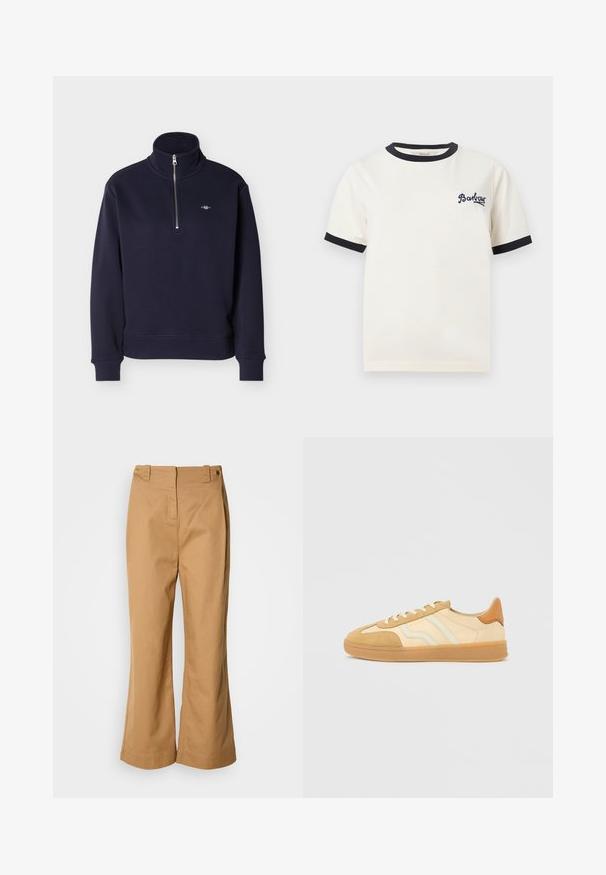 Sweat-shirt bleu marine à manches longues avec un col montant et une demi-fermeture éclair à l'avant, avec un petit logo brodé sur le côté gauche de la poitrine.; T-shirt blanc à manches courtes avec bordure noire au col et aux extrémités des manches, et « Barbour » brodé sur la poitrine gauche.; Pantalon à jambes larges en tissu de coton beige, doté d'une taille haute, de deux boutons dorés et d'une texture lisse. Aucun motif ou accent visible.; Baskets beige et crème en suède et cuir, avec semelles en caoutchouc, trois bandes et un accent marron au talon.