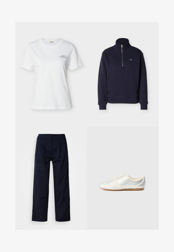 Sweat-shirt bleu marine à manches longues avec un col montant et une demi-fermeture éclair à l'avant, avec un petit logo brodé sur le côté gauche de la poitrine.; T-shirt blanc à manches courtes et col rond avec un petit texte noir "GANT American Sportswear New Haven" sur le côté gauche de la poitrine.; Pantalon bleu marine à jambes larges avec une texture lisse, doté d'une fermeture à boutons sur le devant et de plis pour plus de détails.; Baskets synthétiques argentées avec accents crème, profil bas, bout arrondi et semelle en caoutchouc plate ; dotées de coutures classiques et d'une fermeture à lacets.