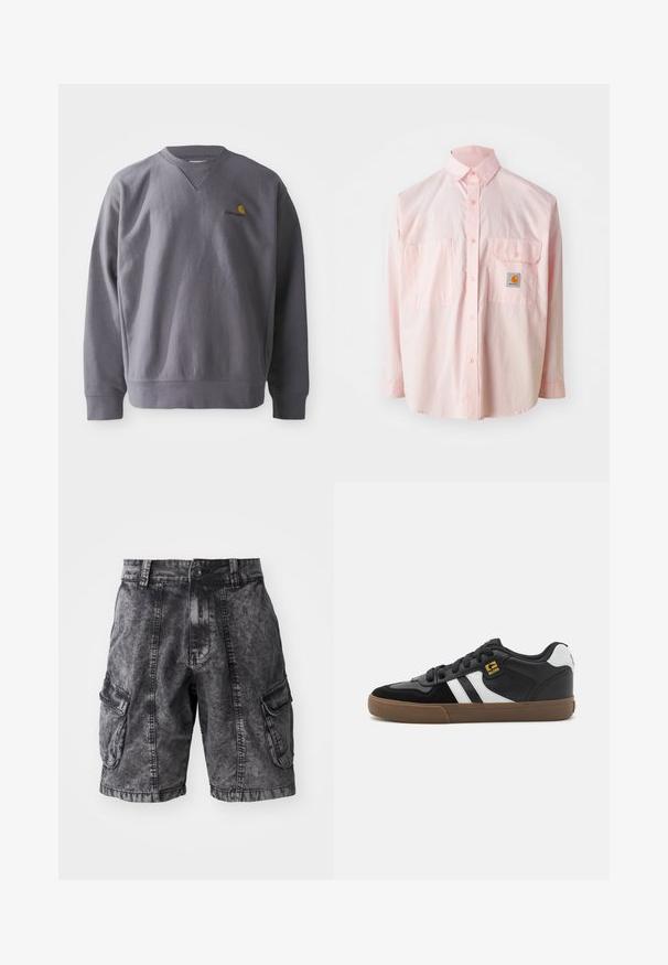 Sudadera gris con cuello redondo, puños y dobladillo acanalados. Presenta un logo bordado en amarillo y rojo en el pecho. Confeccionada con tela suave.; Camisa de botones rosa claro con dos bolsillos en el pecho y una etiqueta de logo. Hecha de algodón, con cuello clásico y mangas largas.; Pantalones cortos cargo de mezclilla negra con textura desgastada, dos bolsillos laterales y cierre de botón. Hasta la rodilla con costuras reforzadas.; Zapatillas en blanco y negro con parte superior de ante y cuero, que presentan franjas blancas, cordones negros y una suela de goma marrón. Acentos de logo dorados.
