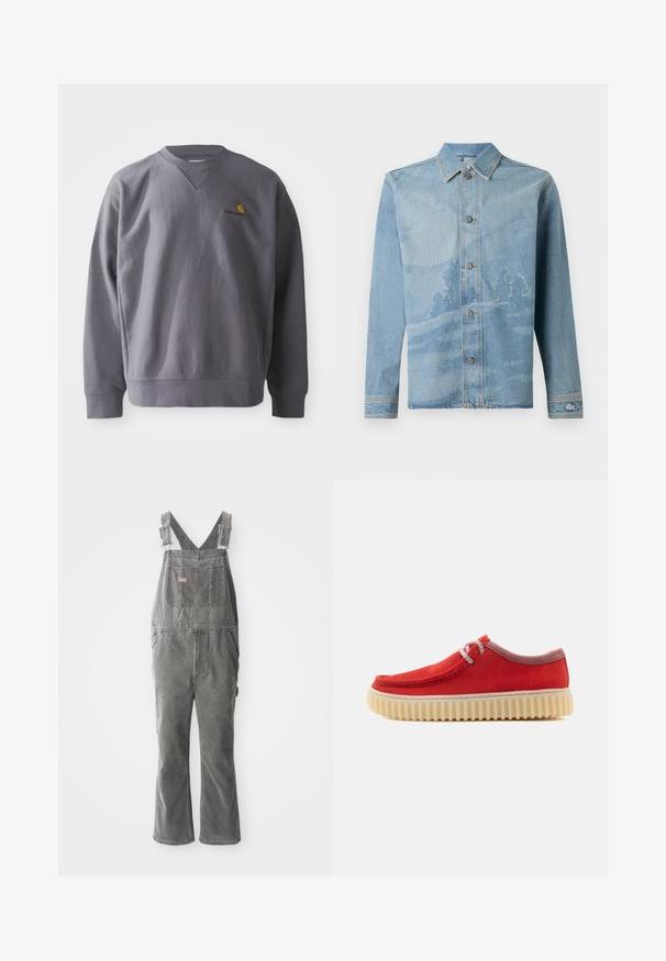 Grå sweatshirt med rund halsudskæring, ribbede manchetter og kant. Har et broderet gult og rødt logo på brystet. Fremstillet af blødt stof.; Lacoste Skjorter - washed bleach; Grå denim overaller med justerbare stropper, brystlomme foran, sidelommer og flagrende ben. Robust stof og afslappet pasform for komfort.; Rød ruskind afslappet sko med tyk beige ribbet sål og hvid-rødstribede snørebånd, set fra siden på en enkel baggrund.