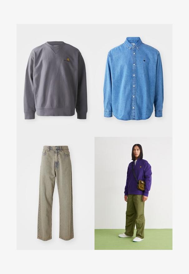 Sudadera gris con cuello redondo, puños y dobladillo acanalados. Presenta un logo bordado en amarillo y rojo en el pecho. Confeccionada con tela suave.; Camisa de denim abotonada, de color azul claro, con cuello de punta, mangas largas y un pequeño logotipo en el pecho. Cuenta con botones blancos y costuras cosidas.; Jeans de pierna ancha de color gris claro, hechos de denim, con una textura desgastada, costuras visibles y cierre tradicional de botón y cremallera.; Jordan AIR JORDAN 1 ZM CMFT 2 - Zapatillas altas - summit white/bicoastal/oxidized green