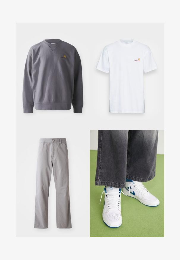 Grå sweatshirt med rund halsudskæring, ribbede manchetter og kant. Har et broderet gult og rødt logo på brystet. Fremstillet af blødt stof.; Hvid bomulds t-shirt med korte ærmer. Designet med et lille orange og maroon logo på venstre bryst. Har en klassisk rund hals.; Grå bomuldsbukser med lige ben-design, der har en frontknaplukning og bæltestropper. Glat tekstur og minimal detaljer.; Hvide højtop sneakers med blå accenter, perforeret tå boks og hvide snørebånd. Båret med løse grå denim bukser på en grøn overflade.