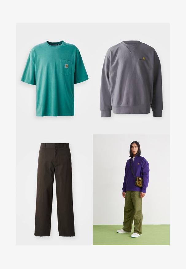 Grauer Sweatshirt mit Rundhalsausschnitt, gerippten Bündchen und Saum. Mit gesticktem gelb-rotem Logo auf der Brust. Hergestellt aus weichem Stoff.; Grünes Baumwoll-T-Shirt mit Rundhalsausschnitt, kurzen Ärmeln und einer vorderen Tasche mit Logopatch. Weicher Stoff und lockere Passform.; Schwarze Baumwollhosen mit geradem Bein, ausgestattet mit einem Knopfverschluss und einem klassischen Bund. Glatte Textur, keine Muster oder Akzente.; Jordan AIR JORDAN 1 ZM CMFT 2 - Sneaker high - summit white/bicoastal/oxidized green