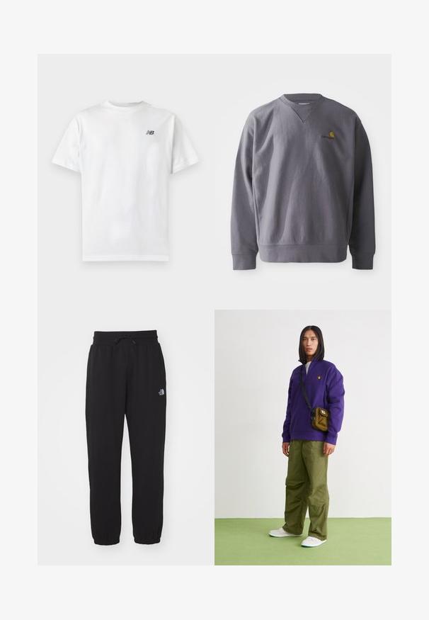 Grijze sweatshirt met ronde hals, ribgebreide mouwen en zoom. Voorzien van een geborduurd geel en rood logo op de borst. Gemaakt van zachte stof.; Witte T-shirt met korte mouwen en ronde hals met een klein zwart New Balance-logo op de linker bovenkant van de borst op een effen lichte achtergrond.; Zwarte sweatpants van zachte stof, met een elastische tailleband en trekkoord, smalle boorden bij de enkels en een klein logo op de bovenkant van de bovenbeen.; Jordan AIR JORDAN 1 ZM CMFT 2 - Sneakers hoog - summit white/bicoastal/oxidized green