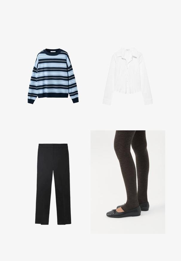 Pull à manches longues et col rond avec des rayures horizontales dans des nuances de bleu marine, bleu clair et blanc.; Chemise blanche à manches longues avec col, taille légèrement cintrée et poignets boutonnés, présentée sur fond blanc.; Pantalon noir en tissu lisse, avec une coupe droite, des passants pour ceinture et deux poches avant. Design sur mesure avec des lignes épurées.; Jambes portant des leggings côtelés foncés associés à des ballerines noires avec de petits détails en nœud sur fond blanc.