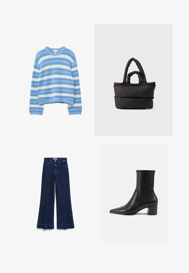 Pullover mit Rundhalsausschnitt, horizontalen weißen und blauen Streifen, langen Ärmeln sowie gerippten Bündchen und Saum.; Weit geschnittene dunkelblaue Jeans mit klassischem Fünf-Taschen-Design, vorderem Knopfverschluss und rohem Saum mit Seitennähten für einen strukturierten Look.; Schwarze Knöchelstiefel aus glattem Leder, mit spitzem Zehenbereich, einem Blockabsatz und markanten, raised stitching am oberen Rand.; Schwarze, gepolsterte Tragetasche mit zwei gepolsterten Griffen, rechteckige Form und weiche, gesteppte Struktur auf weißem Hintergrund.