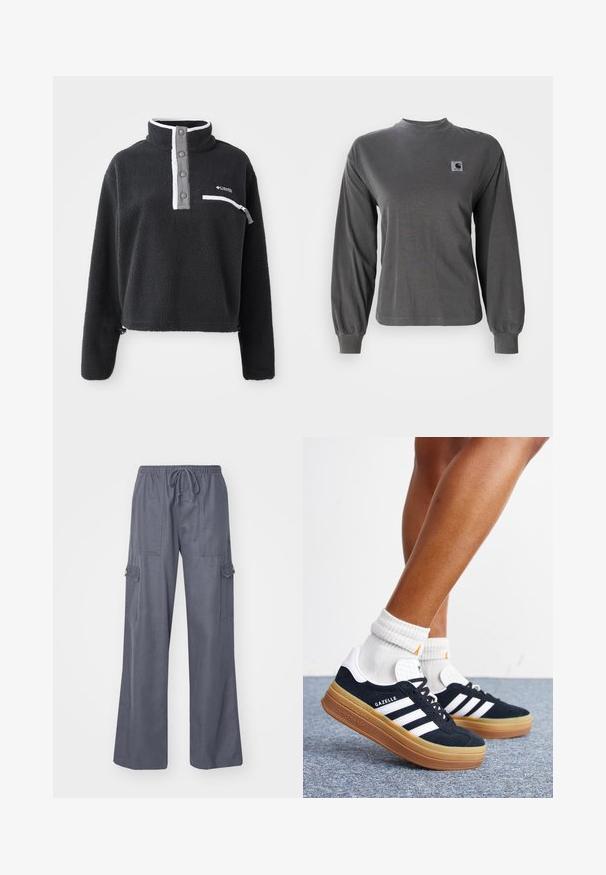 Sudadera de forro polar negra con cuello de media cremallera, que presenta un bolsillo en el pecho y acentos en blanco y gris contrastantes. Textura suave, diseño recortado.; Camiseta de manga larga gris hecha de algodón, con cuello redondo y puños elásticos, que cuenta con un pequeño logo cuadrado en el pecho.; Pantalones cargo grises con cintura ajustable, piernas anchas y dos bolsillos laterales. Hechos de una tela suave y ligera.; Piernas con calcetines blancos y zapatillas Adidas Gazelle negras con rayas blancas y suelas marrones gruesas sobre un suelo alfombrado gris.