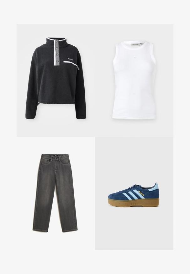Sort fleece pullover med halv lynlås krave, der har en brystlomme og kontrasterende hvide og grå detaljer. Blød tekstur, cropped design.; Hvid ærmeløs tanktop lavet af ribbet stof. Har en rund halsudskæring og et lille logo på midten foran. Simpelt design.; Grå vidde jeans lavet af denim. Har fem lommer, en frontknap og lynlås lukning, samt subtil fading på stoffet.; Marineblå ruskindssneaker med lyseblå striber, rund tå og sål i gummigummi. Guld "Spezial" logo på siden, klassisk Adidas-design.