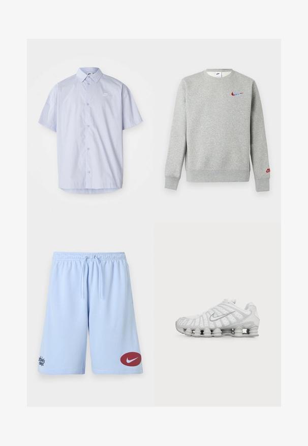 Helehall hall crewneck-tüüpi dressipluus väikeste punaste ja siniste Nike logodega rinnal ja vasakul varrukal, soonikkoes käiste ja alläärega.; Hele sinine lühikeste varrukatega särk, mis on valmistatud siledast kangast, millel on nööpidega disain ja rinnal väike valge Nike logo.; hele sinised spordipüksid, millel on elastne vöökoht ja nöör, paremal jalal punane Nike logo ning vasakul "athletic dept." tekst.; Valge Nike jooksujalats nähtava õhupadjaga tallaga ja hõbedase Swooshi logoga küljel, nähtav välisküljelt.