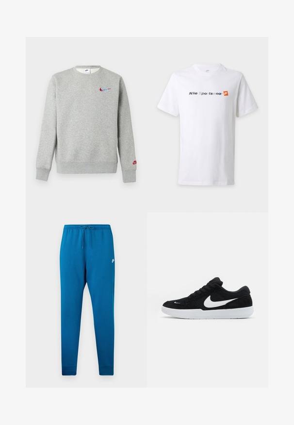 Hellgrauer Sweatshirt mit Rundhalsausschnitt, kleinen roten und blauen Nike-Logos auf der Brust und am linken Ärmel, mit gerippten Bündchen und Saum.; Weißes kurzärmeliges T-Shirt mit dem Text "Nike Sportswear" in Grau und Marineblau und einem orangen Nike-Logo auf der Brust.; Blaue Sweathosen mit elastischem Bund und verstellbarem Kordelzug. Mit einem weißen Logo auf dem Oberschenkel und tapered Bündchen an den Knöcheln.; Schwarze Wildledersneaker mit weißen Akzenten, runder Zehenform, dicker weißer Sohle und schwarzen Schnürsenkeln. Auffälliges weißes Nike-Logo an der Seite.