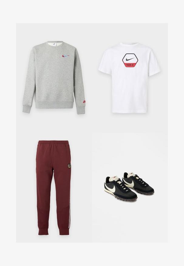 Sudadera gris clara con cuello redondo con pequeños logotipos de Nike en rojo y azul en el pecho y la manga izquierda, puños y dobladillo acanalados.; Camiseta blanca de manga corta de Nike con un logo hexagonal rojo y negro que presenta el símbolo de Nike y el nombre de la marca en el pecho.; Chándal marrón con un logo hexagonal de Nike, cinturilla elástica, dos bolsillos laterales y rayas laterales blancas. Tejido texturizado con diseño de pierna ajustada.; Zapatillas deportivas negras con una parte superior texturizada, logo de swoosh blanco y suela de goma con pequeñas puas para tracción. Cuello en color crema.