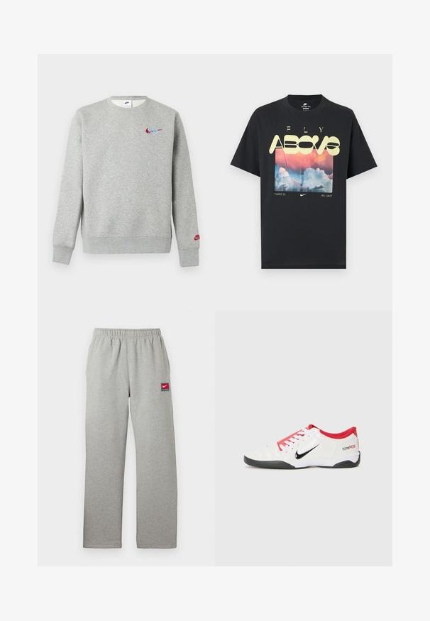 Sudadera gris clara con cuello redondo con pequeños logotipos de Nike en rojo y azul en el pecho y la manga izquierda, puños y dobladillo acanalados.; Camiseta negra de algodón con un gráfico que muestra nubes, un cielo rosa y azul, y un texto amarillo llamativo que dice "FLY ABOVE" y "THERE IS NO LIMIT."; Pantalones deportivos grises con cintura elástica, corte recto y un pequeño parche con el logo de Nike en rojo y blanco en el lado izquierdo. Textura suave.; Zapatilla deportiva blanca con acentos rojos, logotipo Swoosh negro y diseño texturizado. Cuenta con cordones blancos y una suela negra. El texto dice "total90".