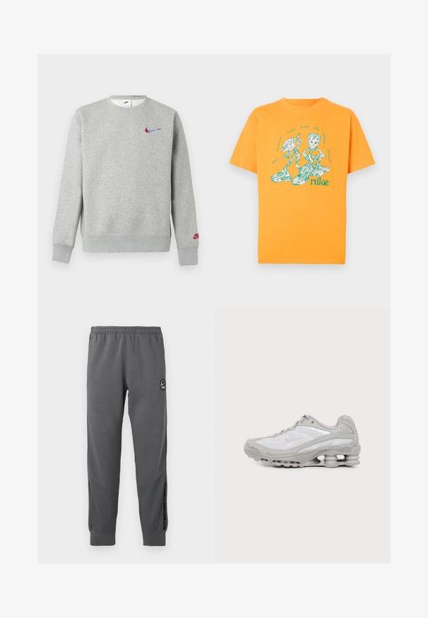 Helehall hall crewneck-tüüpi dressipluus väikeste punaste ja siniste Nike logodega rinnal ja vasakul varrukal, soonikkoes käiste ja alläärega.; Oranž kootud puuvillane t-särk, millel on roheline graafiline kujundus kahe tegelasega, kellel on lilledetailid, ja tekst "kõige tugevamad vihmad kasvatavad kõrgeimaid lilli."; Hallid hallid dressipüksid, mis on valmistatud pehmest kangast, elastse vöökoha, kitsenevate jalgade, külgpaneelide ja ümmarguse logo plaastri abil.; Hall ja valge sportkinga võrkpaneelide, nöörimissüsteemi ja ainulaadse kevadlaadse tallaga, mis pakkub pehmendust ja tuge.