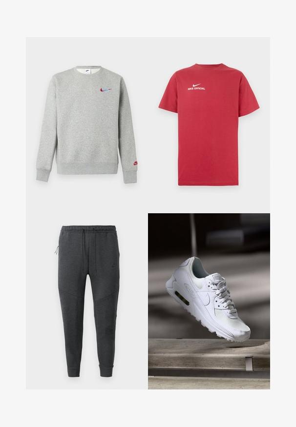 Hellgrauer Sweatshirt mit Rundhalsausschnitt, kleinen roten und blauen Nike-Logos auf der Brust und am linken Ärmel, mit gerippten Bündchen und Saum.; Rotes Baumwoll-T-Shirt mit Rundhalsausschnitt, versehen mit einem weißen Nike-Logo und dem Text "NIKE OFFICIAL" mittig auf der Brust. Kurze Ärmel.; Dunkelgraue Nike Jogginghosen mit Kordelzugbund, seitlichem Reißverschlusstaschen, schmal zulaufenden Beinen und gerippten Bündchen auf einem weißen Hintergrund.; Weiße Nike Air Max 90 Sneaker mit einem Obermaterial aus Mesh und Leder, durchlässigem Zehenbereich und einer sichtbaren Air-Einheit in der Ferse.
