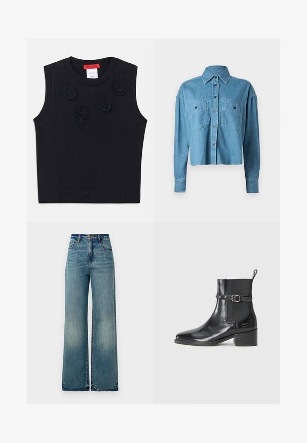 Zwarte mouwloze trui met een geribbelde halslijn en zoom. Bevat textuur bloemapplicaties aan de voorkant. Zacht gebreid materiaal.; CLOSED CROPPED FRONT OVERSIZED - Overhemdblouse - mid blue; Lichtblauwe denim wijde jeans hebben een hoge taille, vijf zakken en iets verfraaide zoomranden, met een getextureerde, vervaagde afwerking.; Zwarte leren enkelboot met een spitse neus, elastische zijpanelen en een decoratieve gespsluiting met studs. Blokhak ontwerp.
