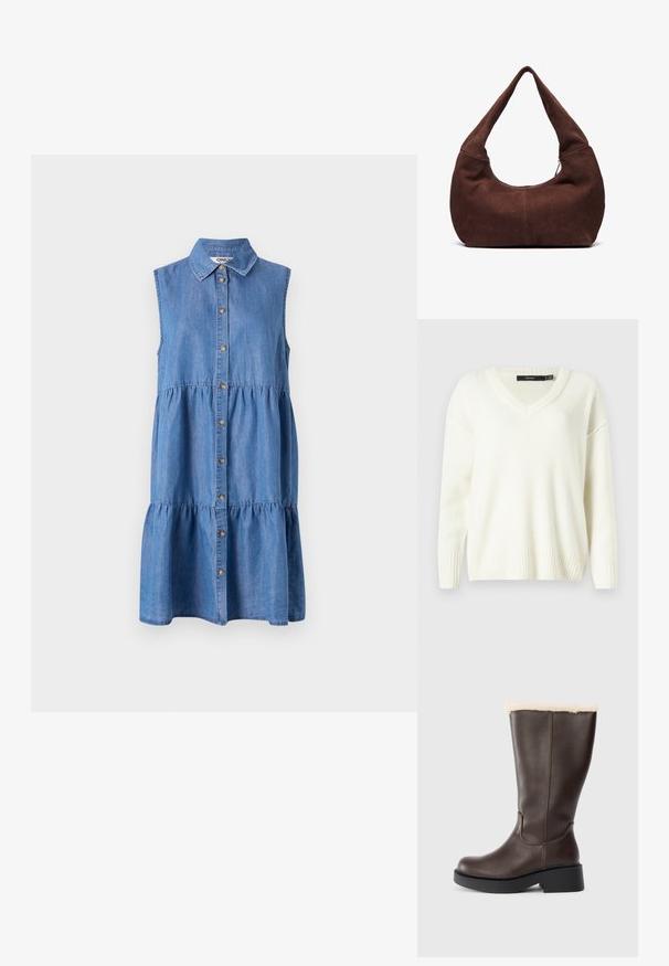 V-kaula valge kampsun, millel on soonikkoes mansetid ja äär. Pehme tekstuur, lahtine lõige ja külgsongad. Silt nähtav kaeluses.; Denim-sleevetön mekko, jossa on napitettava etuosa, kerroksellinen röyhelöhame, pistekaulus ja vaalea sininen väri.; Ruske nahke čizme do koljena sa mekanim bež krznom na vrhu, koje imaju debeli crni platforme i elegantan oblik.; Ruskea mokkahobo-laukku, jossa on kaareva, leveä kahva ja suuri aukko. Pehmeä tekstuuri, jossa on näkyvää tikkausta reunoilla.