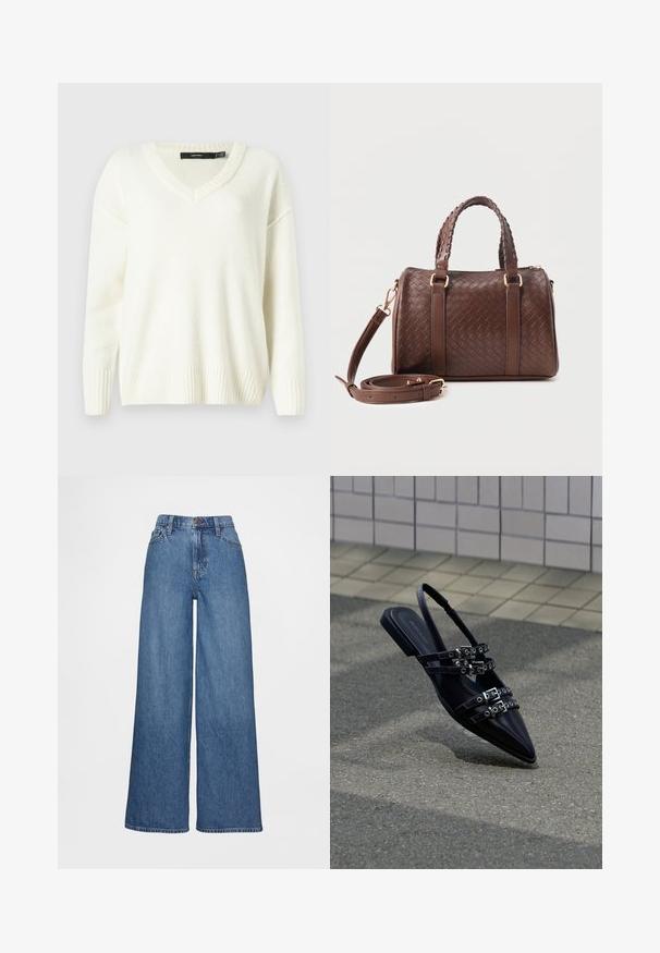 Hvid sweater med V-hals og ribbede manchetter og kant. Blød tekstur, løs pasform og sideslids. Etiketten er synlig ved halsen.; Vidbenede jeans i mediumblåt denim, med høj talje, bæltestropper og knaplukning. Glat tekstur med få syningsdetaljer.; Sort flad sandal med spids tå, flere remme med spænder og slingback, placeret over et belagt underlag og flisevæg som baggrund.; Mørkebrun flettet læderhåndtaske med to fletninger som håndtag, gyldent metalbeslag og aftagelig skulderrem, der er snoet foran.