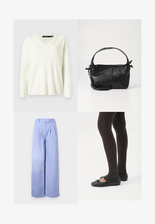 Pull blanc à col en V avec des poignets et un ourlet côtelés. Texture douce, coupe ample et fentes sur les côtés. Étiquette visible au niveau du col.; Pantalons larges bleu clair avec un motif à rayures, devant plissé et taille haute. Fabriqués dans un tissu lisse avec une texture douce.; Jambes portant des leggings côtelés foncés associés à des ballerines noires avec de petits détails en nœud sur fond blanc.; Sac à main en cuir noir au design structuré, avec une poignée arrondie et une bandoulière amovible. Présente une texture lisse et un éclat subtil.
