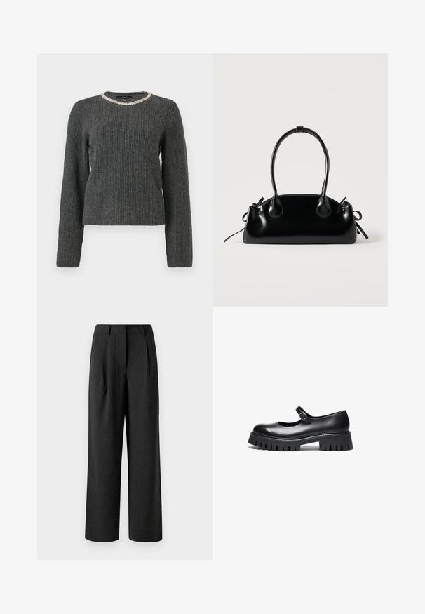 Suéter de canalé gris oscuro con mangas largas y un cuello redondo adornado con un detalle de cadena plateada.; Pantalones de pierna ancha negros, confeccionados en tejido texturizado, con pliegues frontales y una cinturilla tailored, diseñados para un ajuste holgado.; Zapato negro de cuero estilo Mary Jane con punta redonda, correa en el tobillo y suela de goma gruesa con detalles estriados.; Pequeño bolso negro brillante con dos asas largas y detalles de cordón lateral sobre un fondo claro liso.