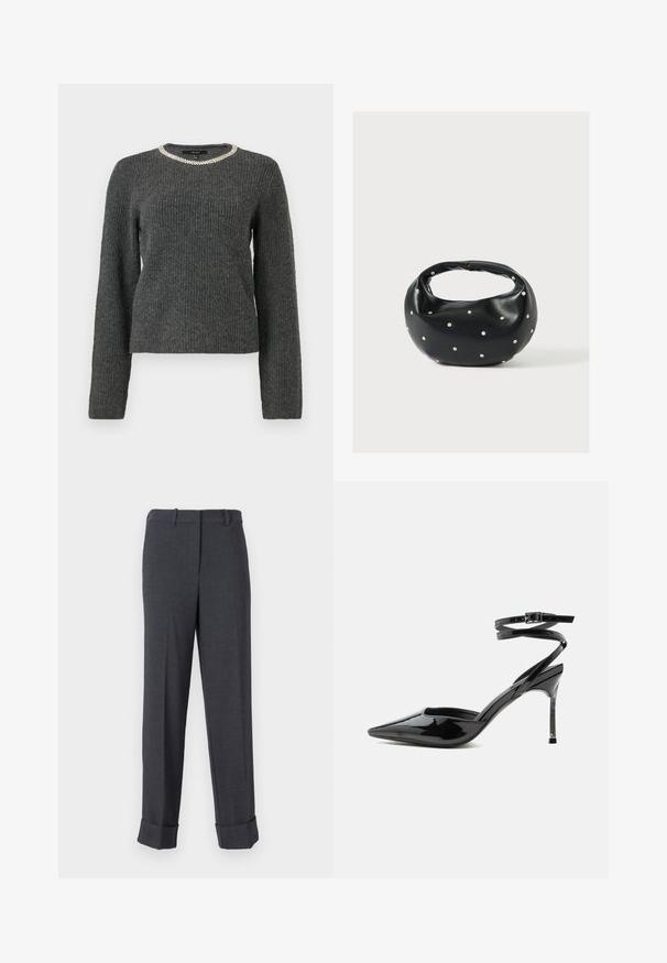 Mørkegrå ribbet sweater med lange ærmer og rund halsudskæring prydet med en sølvfarvet kædeaccent.; Grå skræddersyede bukser lavet af struktureret stof, med lige ben, bælteholdere og manchetter i kanten for et struktureret udseende.; Sort laklæder spids tå stilet hæl med tynde ankremme og lille spænde.; Sort læderhåndtaske med en rundet form, dekoreret med sølvnitter, og et kort håndtag. Glat tekstur og lynlåslukning.