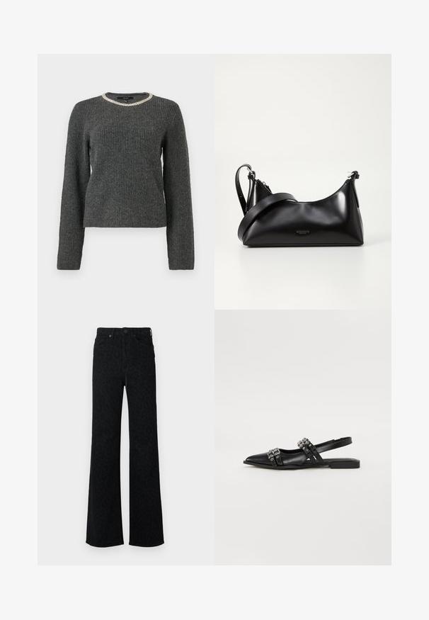 Suéter de canalé gris oscuro con mangas largas y un cuello redondo adornado con un detalle de cadena plateada.; Vaqueros negros de tiro alto con un sutil patrón de leopardos, piernas anchas rectas, botón delantero y bolsillos.; Even&Odd by Zalando Bailarinas con tira trasera - black; Bolso de mano de cuero negro con una textura suave. Cuenta con una correa ajustable y un diseño elegante y minimalista con cierre de cremallera.