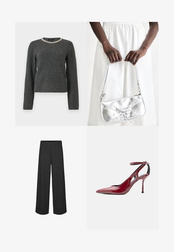 Pull en maille côtelée gris foncé avec de longues manches et un col rond orné d'un détail en chaîne argentée.; Pantalons larges noirs à rayures verticales blanches, présentant une coupe ajustée et une texture lisse. Pas de poches ni de matériel visible.; Chaussure à talon haut en cuir verni rouge avec bout pointu, bride de cheville et boucle, présentée de profil sur fond blanc.; Sac à main en métal argenté avec un détail à lacets, arborant un design épuré et une courte sangle. Le sac est tenu dans les mains, mettant en valeur sa texture.