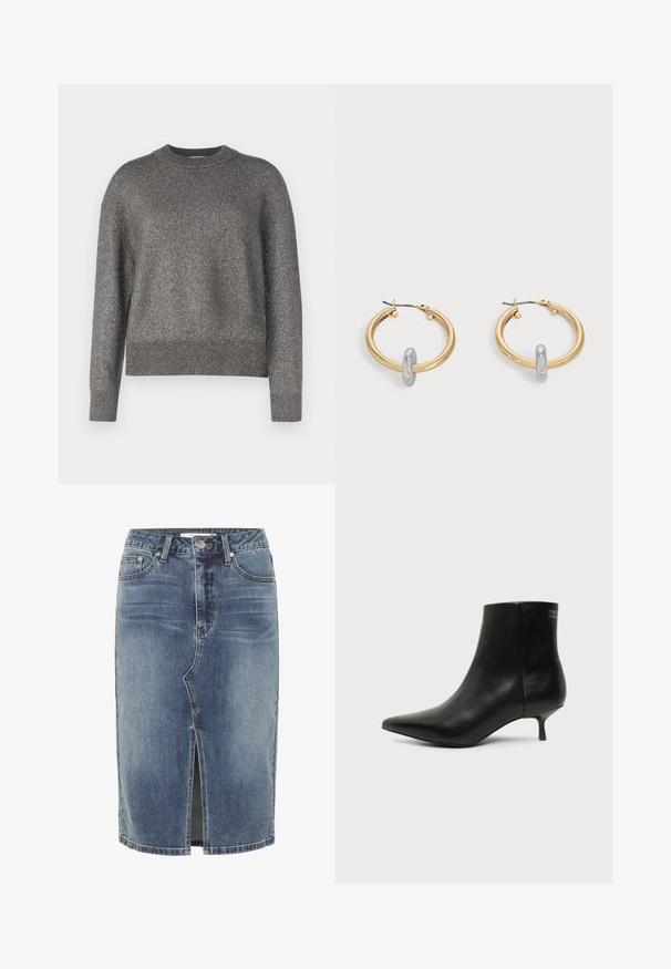 Grå sweater med en refleksiv strikket tekstur, rund halsudskæring, og ribbede manchetter og kant; let løs pasform og lange ærmer.; Blå denim nederdel i knælængde med central slids foran, fem-lomme design og knaplukning i taljen.; Sort læder ankelstøvle med spids tå og lav kitten hæl på lys baggrund, der viser yderside.; Par guldtonede hoop øreringe med lille sølvfarvet loop-detalje på hver, vist mod lysegrå baggrund.