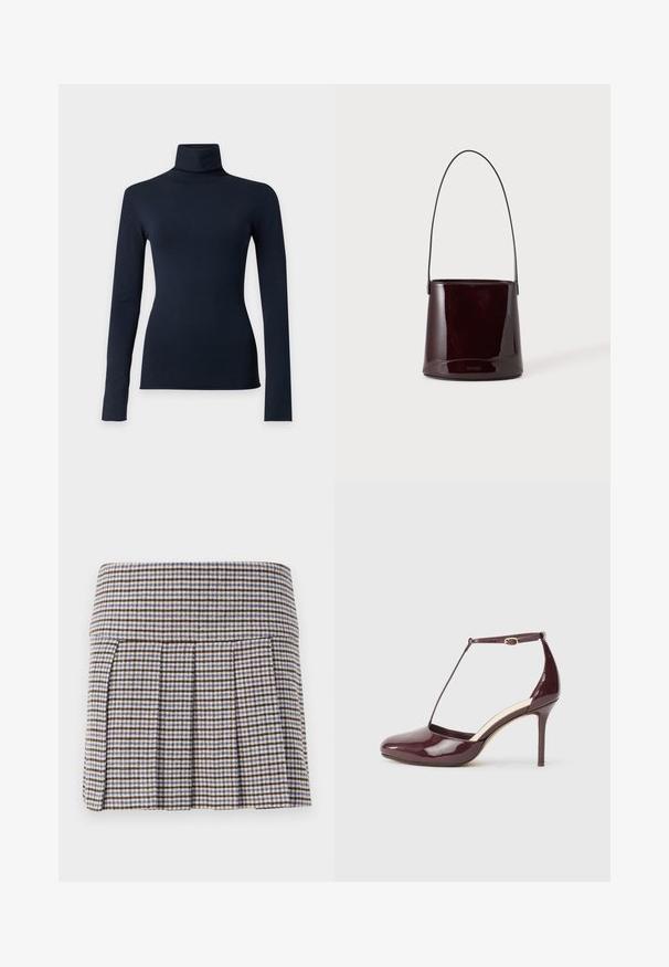 Haut col roulé bleu marine à manches longues avec une silhouette ajustée, présenté sur un fond uni gris clair.; Jupe plissée dans un motif écossais marron, beige et bleu. Fabriquée à partir d'un tissu texturé avec une taille ajustée et des plis décoratifs.; Chaussure à talon haut en cuir verni bordeaux avec bout pointu, boucle sur la bride de cheville et détail de bride en T sur fond neutre.; Sac seau brun foncé brillant avec une longue sangle fine et des coutures visibles minimales sur un fond clair.