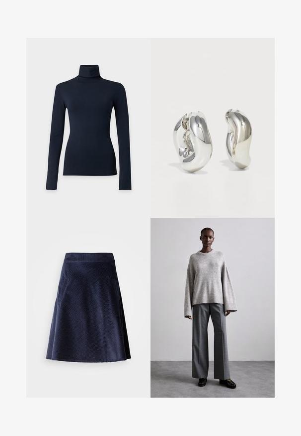 Top azul marino de manga larga con cuello cisne y silueta ajustada, mostrado sobre un fondo liso gris claro.; Falda de pana azul marino con forma acampanada, que presenta una textura de costillas diagonales y dos bolsillos laterales. Bajo más corto con un borde sin acabar.; Suéter gris de punto con mangas anchas y dobladillo acanalado, combinado con pantalones grises de cintura alta que presentan un sutil estampado de cuadros y mocasines negros.; Pendientes escultóricos de plata con formas suaves y curvas y superficies reflectantes. Presentan un diseño de aro cerrado y una forma orgánica distintiva.