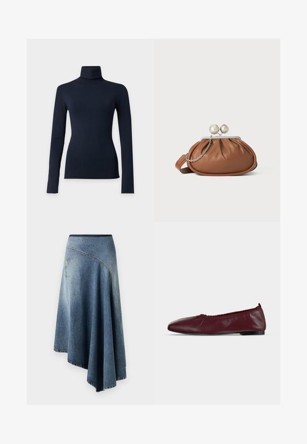 Donkerblauwe coltrui met lange mouwen en een aansluitende pasvorm, afgebeeld op een effen lichtgrijze achtergrond.; Denim wikkelrok in een licht naar donkerblauwe gradient, met een geborduurd bloemenpatroon aan één kant en zichtbare stikdetails langs de randen.; Bordeauxrode leren ballerina met geplooide elastische bovenrand en dunne zwarte zool op witte achtergrond.; Bruine leren clutch met een zilveren balsluiting en een klein zilveren kettingdetail op een witte achtergrond.