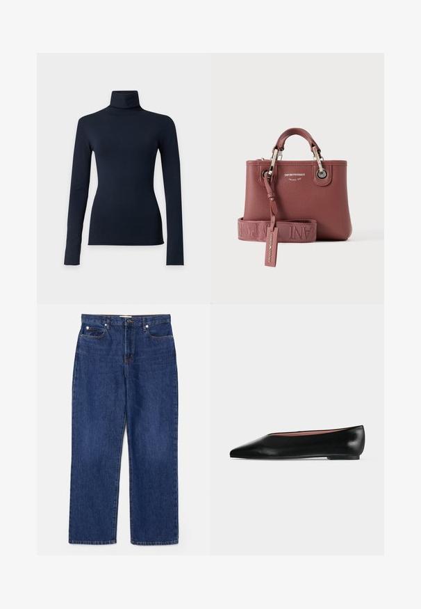 Haut col roulé bleu marine à manches longues avec une silhouette ajustée, présenté sur un fond uni gris clair.; Jean en denim bleu foncé avec une taille haute, une coupe droite, cinq poches et des détails en métal argenté. Présente un léger délavage et des coutures brodées.; Chaussure plate en cuir noir pour femme, avec bout pointu et petit talon, vue de côté sur un fond gris clair uni.; Petit sac à main en cuir mauve texturé avec poignées supérieures, ferrures argentées et une large bandoulière assortie embossée d'un nom de marque.