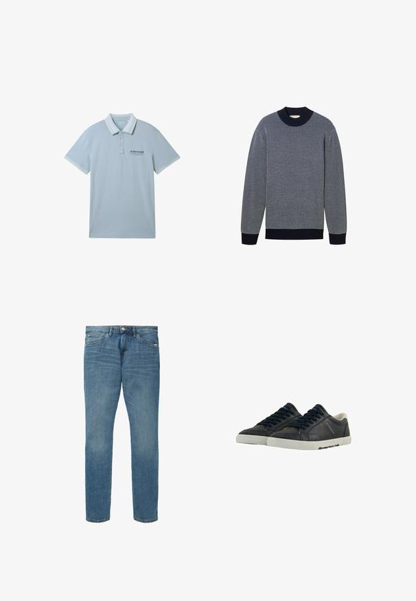Marineblå striktrøje med et tekstureret mønster, ribbet krave og manchetter, lange ærmer og en rund halsudskæring.; Lysblå polo-shirt i blødt stof, med kravehals, to-knap placket og kontrasterende hvid kant på ærmer og krave.; Lyseblå denimjeans med lige ben, femlommerstil, diskret falmning og kontraststing langs sømmene.; Marine læder sneakers med hvide gummisåler, rund tå og sorte snørebånd. Subtile teksturer og branding på siderne. Casual design.