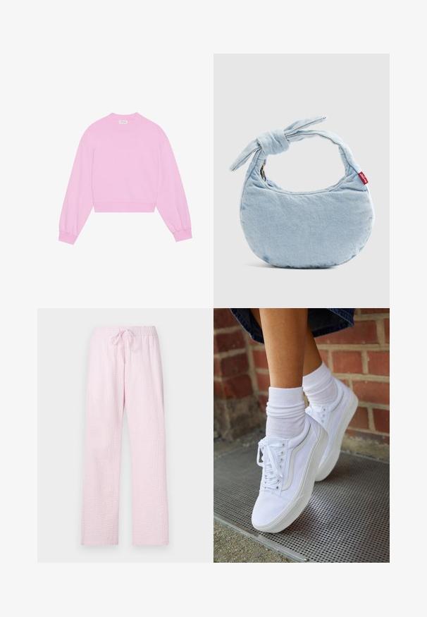 Lyserød cropped sweatshirt med lange, let puffede ærmer, ribbede manchetter og rund halsudskæring lavet af et blødt, tekstureret stof.; Lyserøde pyjamasbukser i et struktureret stof med en løs pasform, der har en elastisk talje og snøre til justering.; Hvide lærreds sneakers med gummisåler, der har seks snørehuller, rund tå og let sømdetaljer, krydret med hvide ankelstrømper.; Lyseblå denim skuldertaske med knudedetalje på håndtaget og en lille rød Levi's-mærkat på siden.