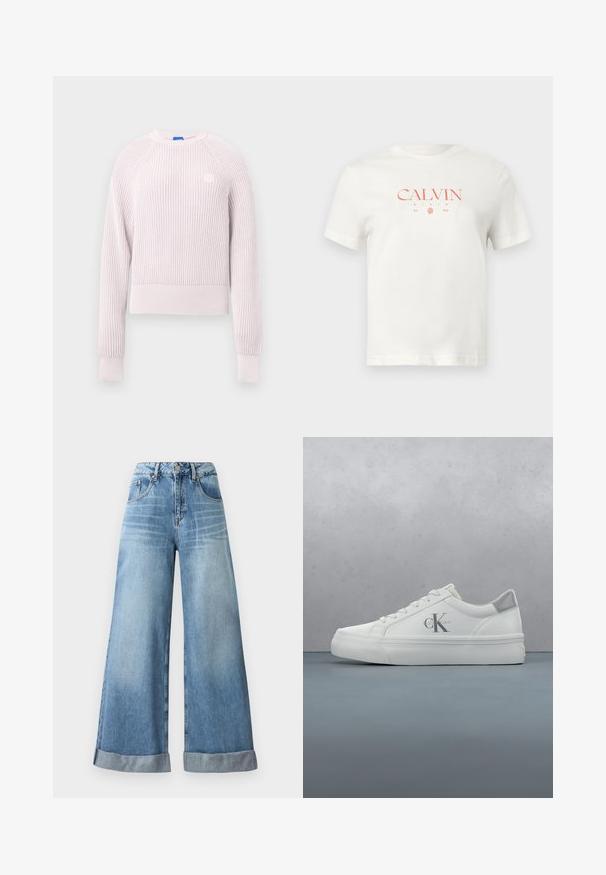 Pull court rose clair avec texture côtelée, encolure ronde et manches longues. Présente un petit logo sur la poitrine.; T-shirt en coton blanc avec un logo « CALVIN KLEIN » rouge centré, date de création, manches courtes et un col rond classique.; Jeans en denim bleu clair à jambe large avec taille haute, dotés d'une fermeture à bouton, de cinq poches et de revers au bas.; Baskets en cuir blanc avec une semelle plate, présentant un subtil accent gris au talon et un logo 'CK' bien en vue sur le côté.